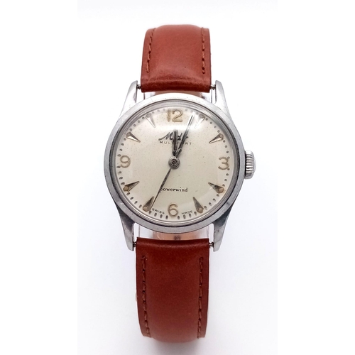 5 - A Vintage Mido Multifort Powerwind Gents Automatic Watch. Brown leather strap. Stainless steel case ... 