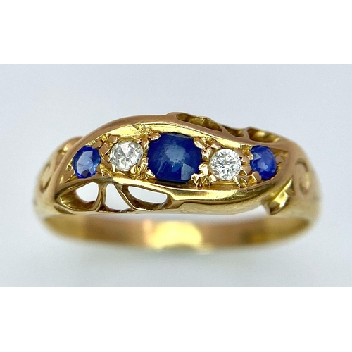 531 - A VINTAGE 18K YELLOW GOLD DIAMOND & SAPPHIRE 5 STONE SET RING, WEIGHT 2.6G SIZE M, REF SC4114