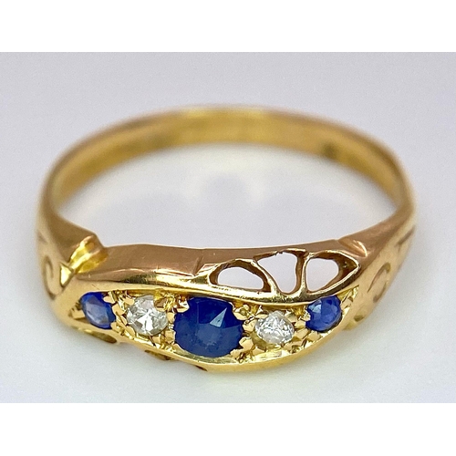 531 - A VINTAGE 18K YELLOW GOLD DIAMOND & SAPPHIRE 5 STONE SET RING, WEIGHT 2.6G SIZE M, REF SC4114