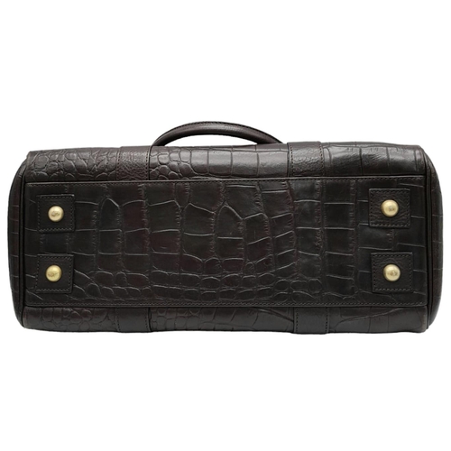 88 - A Mulberry Chocolate 'Bayswater' Handbag. Croc embossed leather exterior with gold-toned hardware, t... 