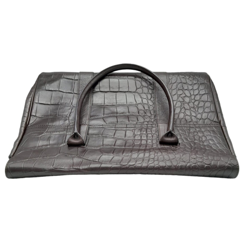 88 - A Mulberry Chocolate 'Bayswater' Handbag. Croc embossed leather exterior with gold-toned hardware, t... 