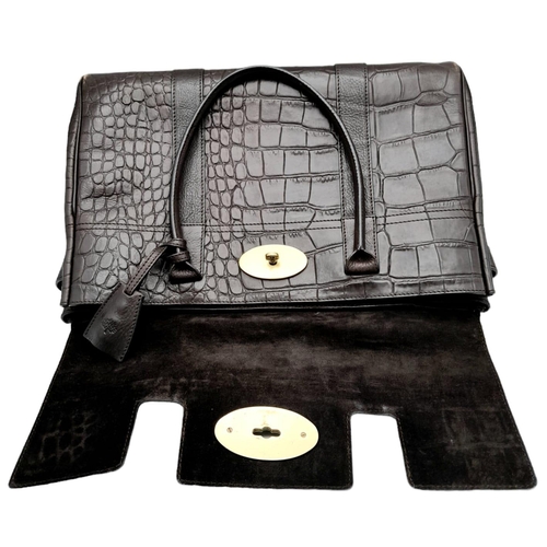 88 - A Mulberry Chocolate 'Bayswater' Handbag. Croc embossed leather exterior with gold-toned hardware, t... 