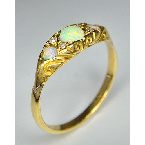 130 - A VINTAGE 18K YELLOW GOLD DIAMOND & OPAL RING, 2.5G SIZE Q, REF SC 4094