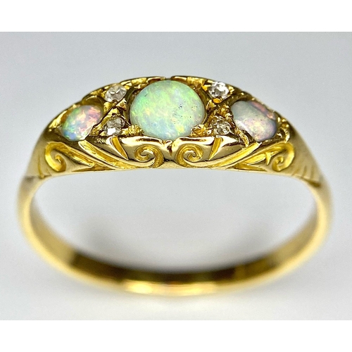 130 - A VINTAGE 18K YELLOW GOLD DIAMOND & OPAL RING, 2.5G SIZE Q, REF SC 4094