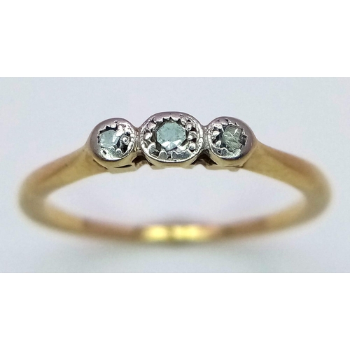 397 - A VINTAGE 18K YELLOW GOLD & PLATINUM SET WITH 3 STONE DIAMOND RING, WEIGHT 1.6G SIZE K, REF SC 4090