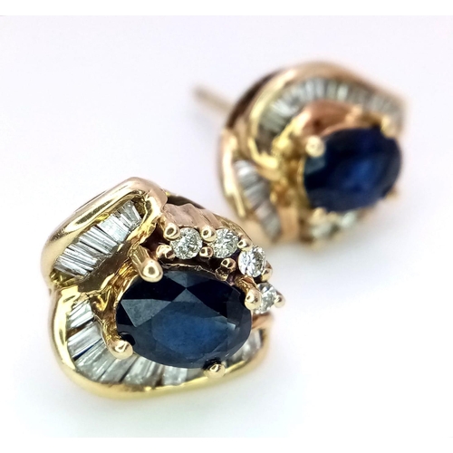 82 - A PAIR OF 14K GOLD DIAMOND AND SAPPHIRE STUD EARRINGS WITH .50ct DIAMONDS AND 1.5ct OVAL SAPPHIRES .... 