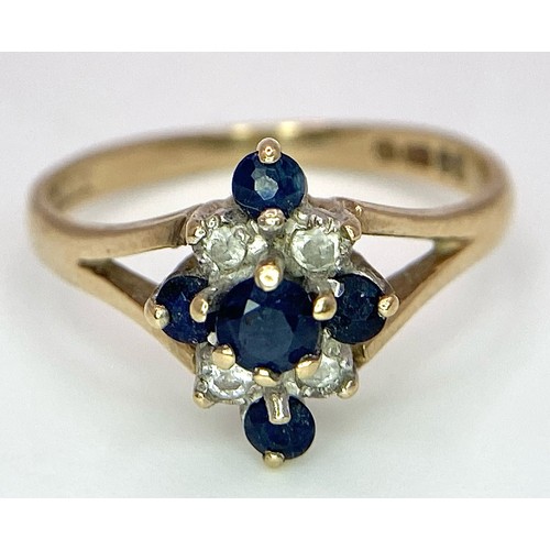 512 - A Vintage 9K Yellow Gold Diamond and Sapphire Ring. Size K. 2g total weight.