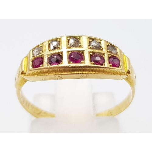 1058 - AN ANTIQUE 18K GOLD RING WITH 1 ROW OF DIAMONDS AND 1 ROW OF RUBY , CRAFTSMAN MADE .   2.1gms   size... 