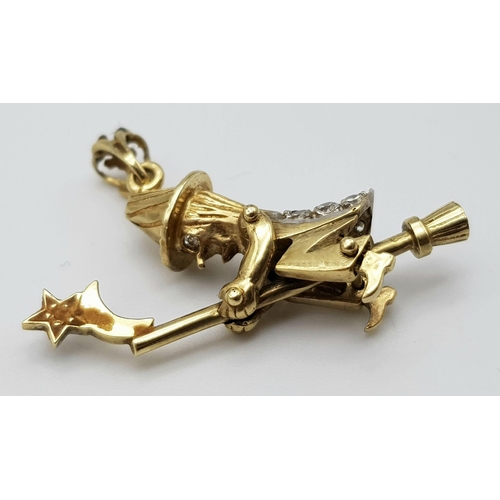 137 - A 9K YELLOW GOLD STONE SET WITCH ON BROOMSTICK CHARM/PENDANT 5.3G , approx 35mm x 20mm

SC 4051