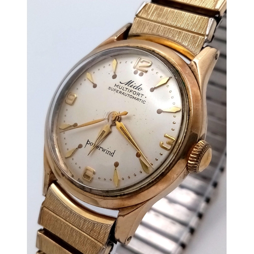 166 - A Vintage Mido Multifort Superautomatic Gents Watch. Expandable gilded stainless steel bracelet and ... 