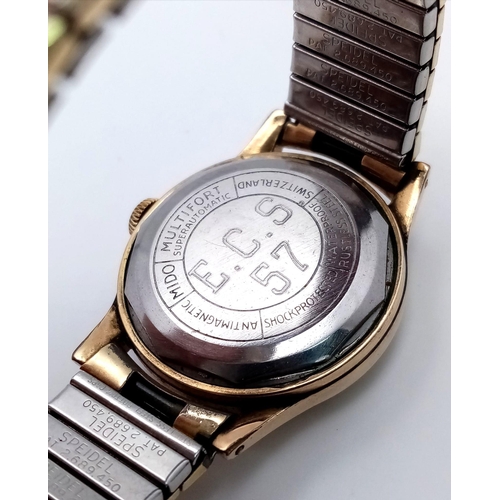 166 - A Vintage Mido Multifort Superautomatic Gents Watch. Expandable gilded stainless steel bracelet and ... 