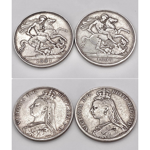 387 - Two Queen Victoria Silver Crown Coins 1890 and 1891. Please see photos for conditions.