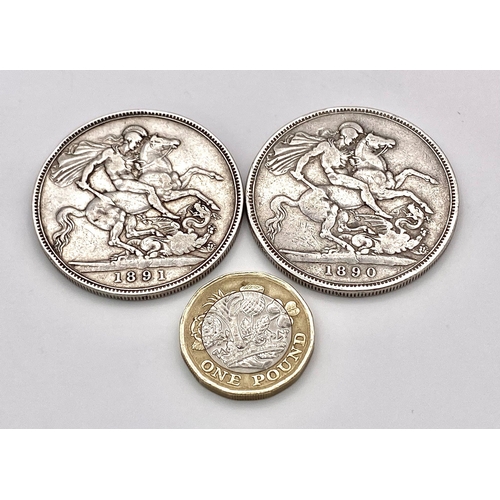 387 - Two Queen Victoria Silver Crown Coins 1890 and 1891. Please see photos for conditions.