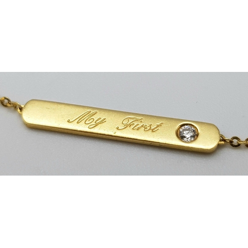 496 - A VERY CUTE 18K YELLOW GOLD DIAMOND SET BABY BRACELET FOR YOUR FIRST BORN, ENGRAVED WITH THE WORDS 