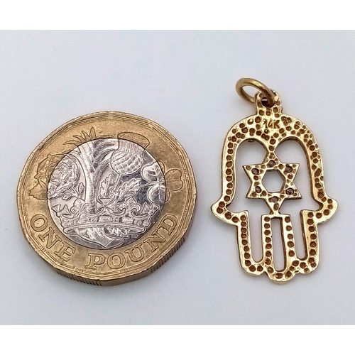 499 - A Vintage 14K Yellow Gold Hand of God (Star of David) Pendant. 3cm. 2.15g total weight.