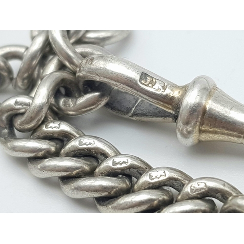 550 - A VINTAGE STERLING SILVER ALBERT POCKET WATCH  CHAIN WITH T BAR AND ALSO A CUTE MINI CLOCK CHARM ATT... 