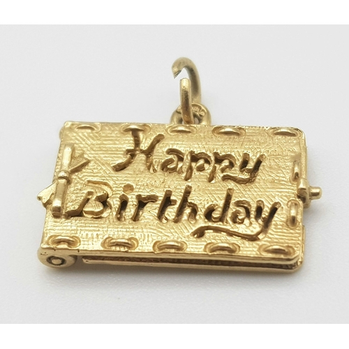 600 - A 9K YELLOW GOLD HAPPY BIRTHDAY CHARM WHICH OPENS 2.5G , approx 15mm x 17mm

SC 4033