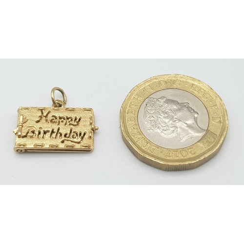 600 - A 9K YELLOW GOLD HAPPY BIRTHDAY CHARM WHICH OPENS 2.5G , approx 15mm x 17mm

SC 4033