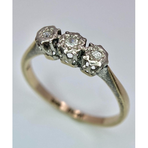 565 - A VINTAGE 9K YELLOW GOLD & PLATINUM TRILOGY OLD CUT DIAMOND RING 1.9G SIZE O

SC 4009