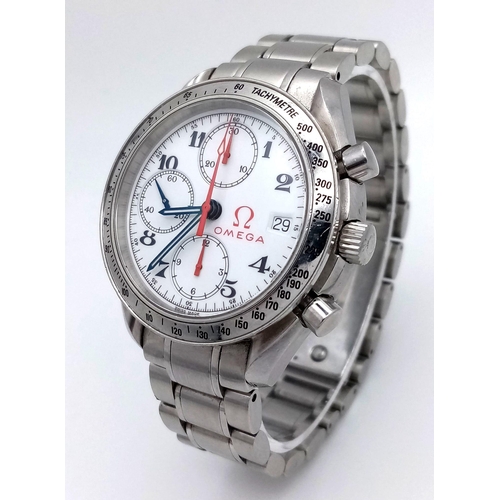 1004 - AN OMEGA TACHYMETRE WITH 3 SUBDIALD AND DATE BOX, STUNNING WHITE DIAL , GOOD CONDITION G.W.O. .   38... 