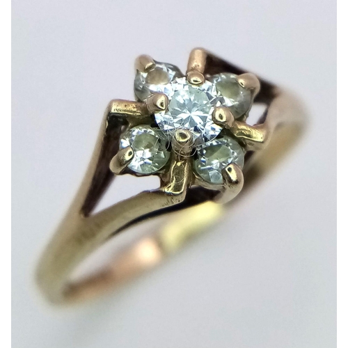 1053 - A Vintage 9k Yellow Gold Diamond Cluster Ring. Five diamonds in a raised setting. Size J. 1.56g tota... 