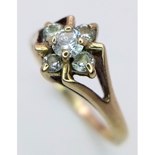 1053 - A Vintage 9k Yellow Gold Diamond Cluster Ring. Five diamonds in a raised setting. Size J. 1.56g tota... 