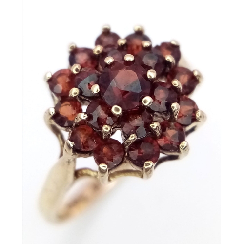 642 - A 9K YELLOW GOLD GARNET CLUSTER RING 2.3G SIZE M

SC 4013