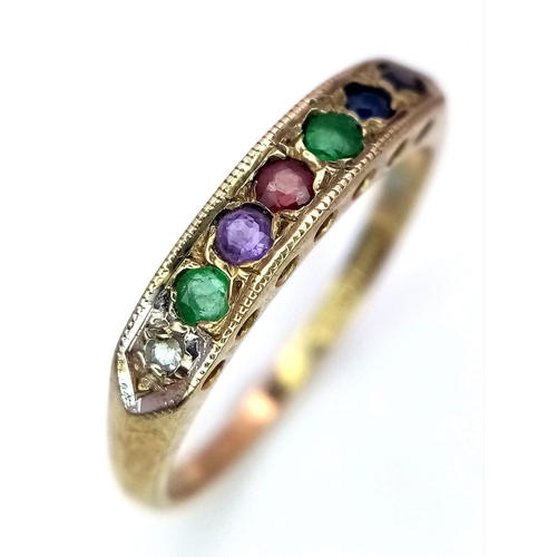 677 - A VINTAGE 9K YELLOW GOLD DEAREST RING SET WITH DIAMOND, EMERALD, AMETHSYT, RUBY, EMERALD, SAPPHIRE A... 