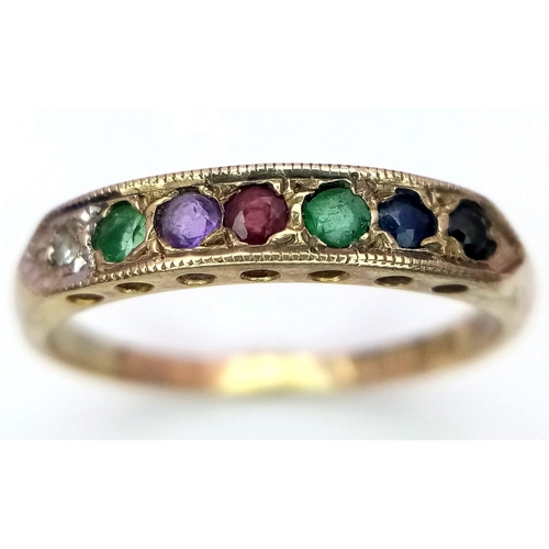 677 - A VINTAGE 9K YELLOW GOLD DEAREST RING SET WITH DIAMOND, EMERALD, AMETHSYT, RUBY, EMERALD, SAPPHIRE A... 