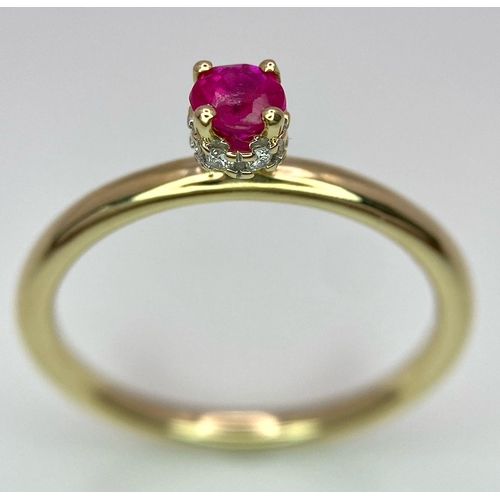 680 - A 9K YELLOW GOLD 4 CLAW RUBY SET SOLITAIRE RING WITH DIAMOND SET HIDDEN HALO 0.27CT RUBY 2.1G SIZE O... 