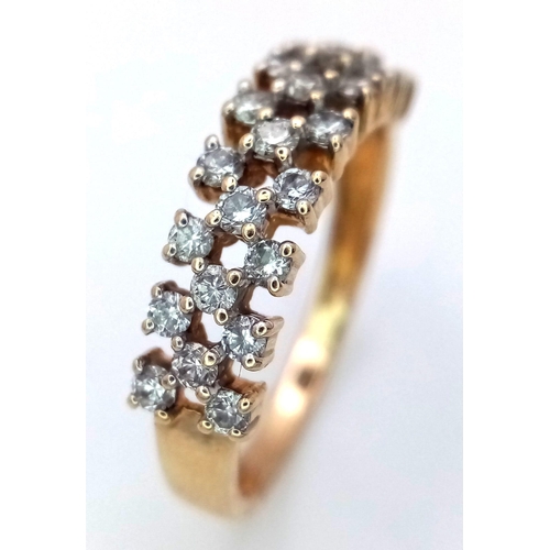 737 - A PRETTY 14K YELLOW GOLD 3 ROW DIAMOND RING, APPROX 0.40CT DIAMONDS, WEIGHT 2.5G SIZE N, REF 5768