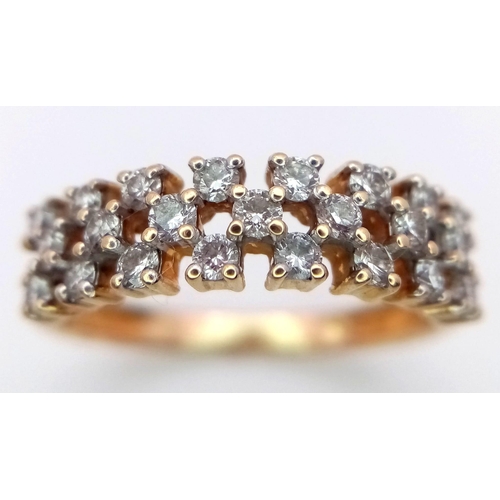 737 - A PRETTY 14K YELLOW GOLD 3 ROW DIAMOND RING, APPROX 0.40CT DIAMONDS, WEIGHT 2.5G SIZE N, REF 5768