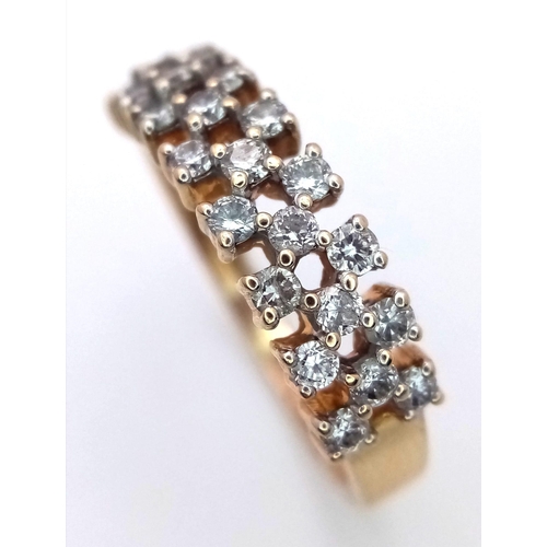 737 - A PRETTY 14K YELLOW GOLD 3 ROW DIAMOND RING, APPROX 0.40CT DIAMONDS, WEIGHT 2.5G SIZE N, REF 5768