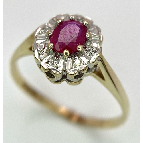 824 - A 9K GOLD DIAMOND AND RUBY CLUSTER RING .   1.8gms    size M