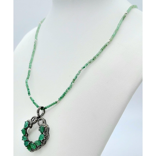 1218 - An Emerald and Diamond Pendant on 925 Silver with a Green Chalcedony Necklace. 3.4ctw emeralds, 0.80... 