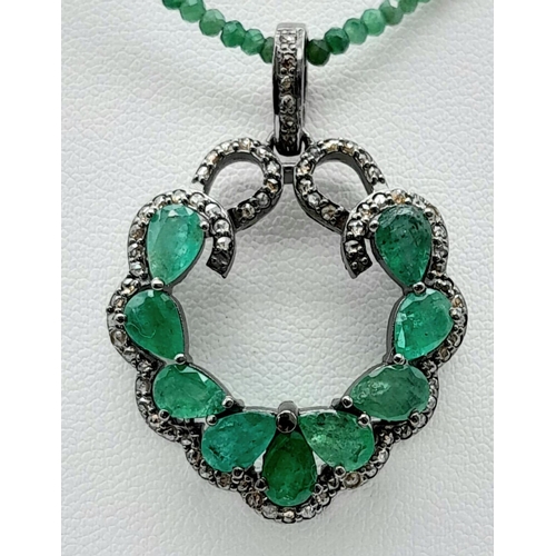 1218 - An Emerald and Diamond Pendant on 925 Silver with a Green Chalcedony Necklace. 3.4ctw emeralds, 0.80... 