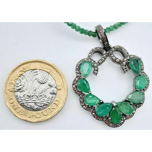 1218 - An Emerald and Diamond Pendant on 925 Silver with a Green Chalcedony Necklace. 3.4ctw emeralds, 0.80... 