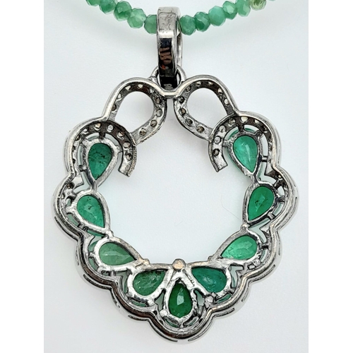 1218 - An Emerald and Diamond Pendant on 925 Silver with a Green Chalcedony Necklace. 3.4ctw emeralds, 0.80... 