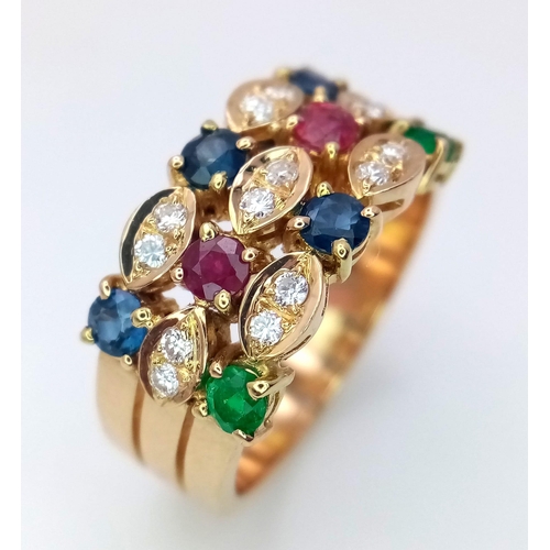 557 - A 18K YELLOW GOLD DIAMOND, RUBY, SAPPHIRE & EMERALD SET RING 7.3G SIZE N 1/2

ref: 6441