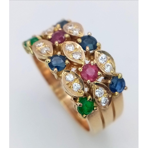 557 - A 18K YELLOW GOLD DIAMOND, RUBY, SAPPHIRE & EMERALD SET RING 7.3G SIZE N 1/2

ref: 6441