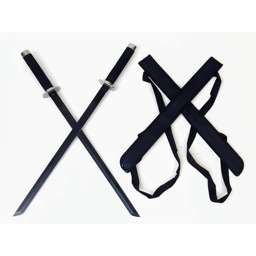 606 - An Unused Pair of Modern Made ‘Ninja’ Style Swords in Double Shoulder Scabbard. Sharp Blades. Swords... 