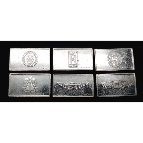 682 - A SELECTION OF 6 STERLING SILVER BEST OF BRITISH CAR MANUFACTURERS MINI PLAQUES WITH LOGO AND CARS A... 