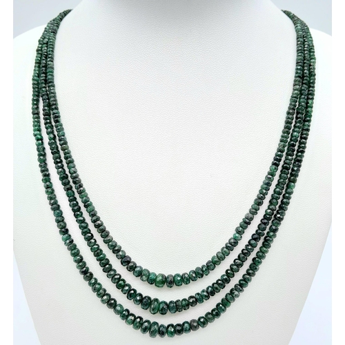 939 - A Three Row Emerald Beaded Necklace with 925 Silver Clasp. 160ctw, 52cm length, 32.7g total weight. ... 