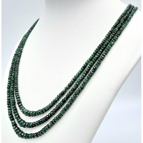 939 - A Three Row Emerald Beaded Necklace with 925 Silver Clasp. 160ctw, 52cm length, 32.7g total weight. ... 