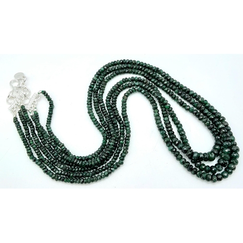 939 - A Three Row Emerald Beaded Necklace with 925 Silver Clasp. 160ctw, 52cm length, 32.7g total weight. ... 