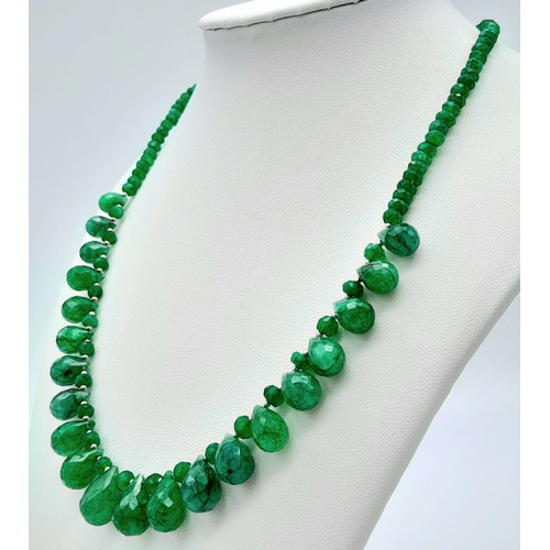 975 - An Emerald Beaded Necklace with Emerald Teardrops and 925 Silver Clasp. 165ctw emeralds, 45.5cm leng... 