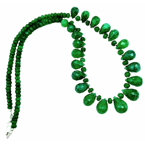 975 - An Emerald Beaded Necklace with Emerald Teardrops and 925 Silver Clasp. 165ctw emeralds, 45.5cm leng... 