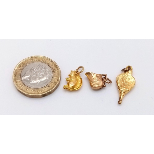 1067 - Three Different 9K Yellow Gold Charms: Squirrel, Jug and bellows! 1.5g total weight.