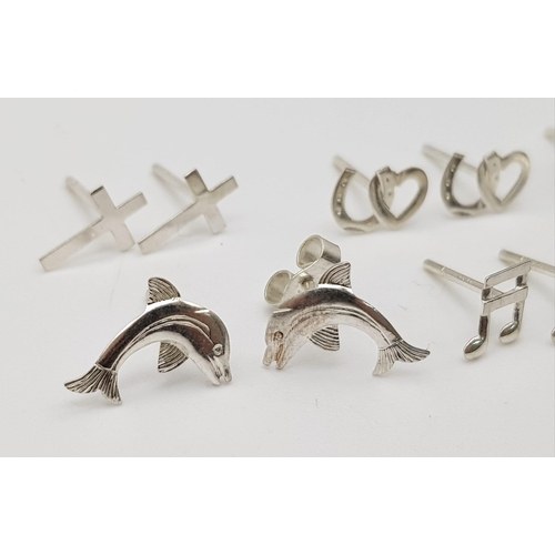 1091 - SELECTION OF 9 PAIRS OF STERLING SILVER STUD EARRINGS, VARIOUS DESIGNS SUCH AS HEARTS, HEART & HORSE... 