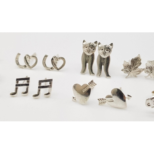 1091 - SELECTION OF 9 PAIRS OF STERLING SILVER STUD EARRINGS, VARIOUS DESIGNS SUCH AS HEARTS, HEART & HORSE... 